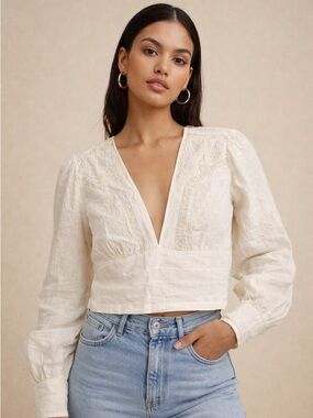 Zara Cream Embroidered Crop Blouse Boho Long Sleeve Size XL NWT